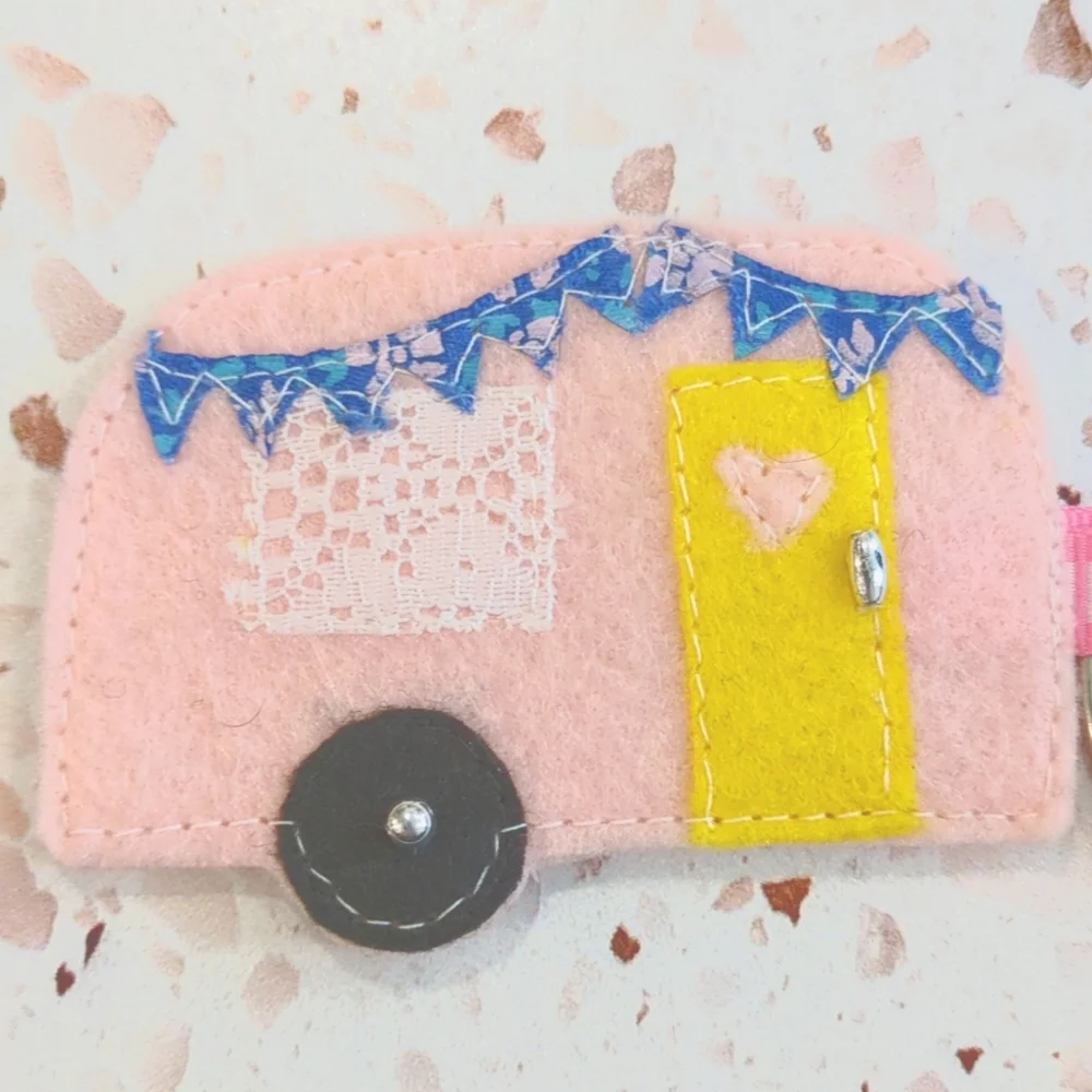 Pink Happy Camper Handcrafted Key Ring Felt Lace Ribbon Beads Calico | New #1